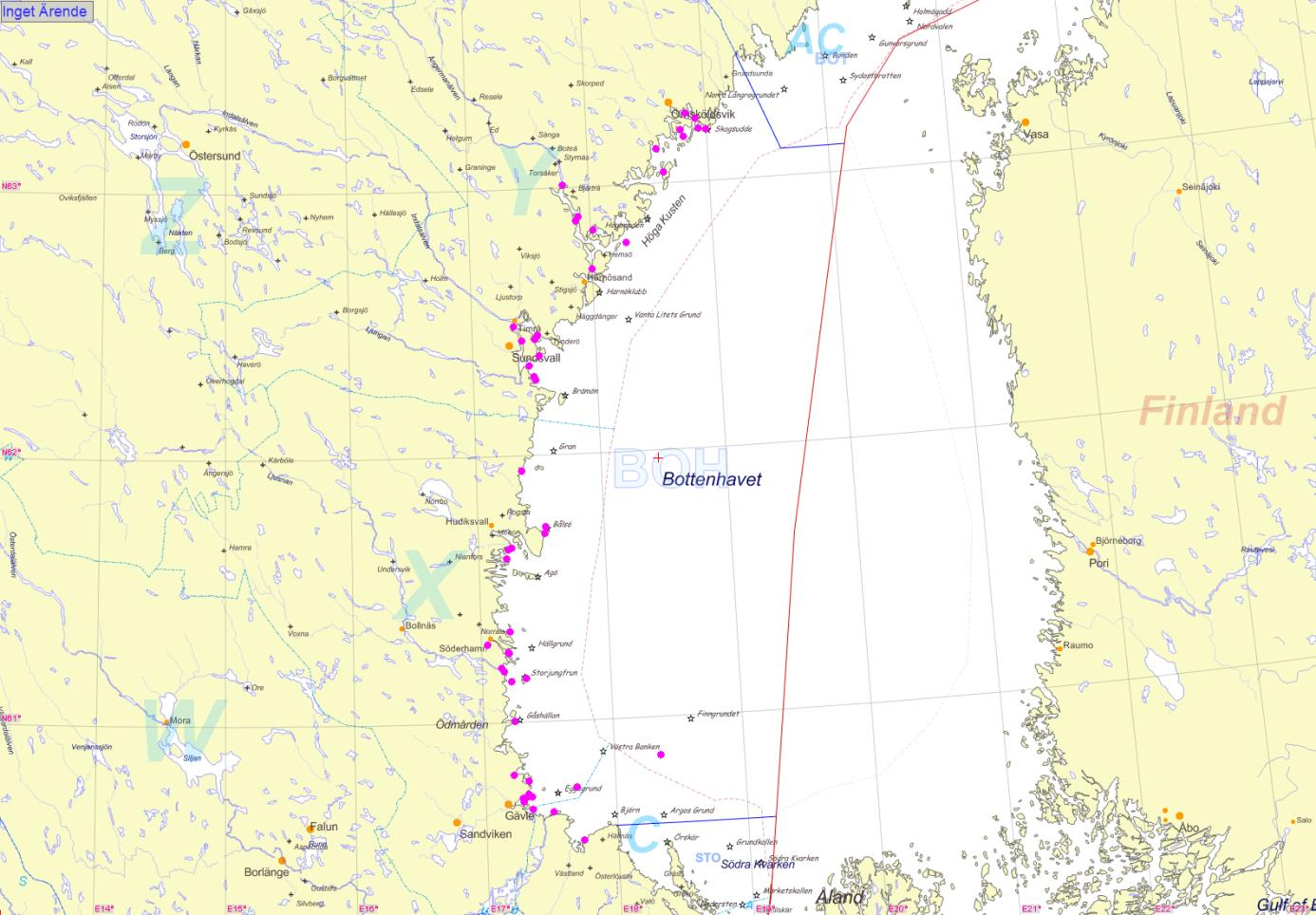 Bottenhavets SAR-område Karta : Bottenhavets SAR-område med markerade