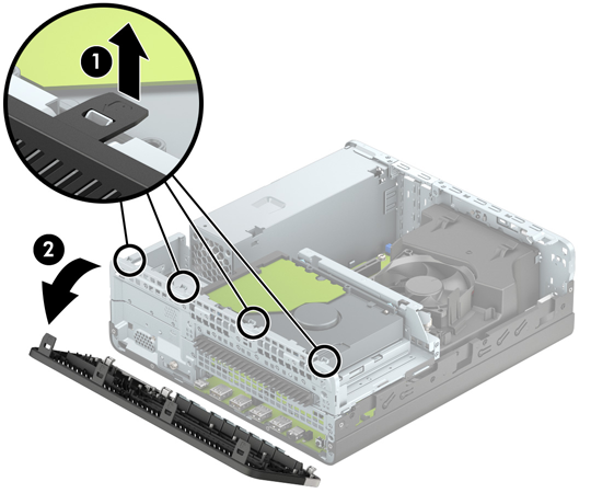 Ta bort frontpanelen 1. Ta bort/skruva loss säkerhetsenheter som hindrar datorn från att öppnas. 2. Ta bort alla flyttbara media, t.ex. CD-skivor och USB-minnen, från datorn. 3.