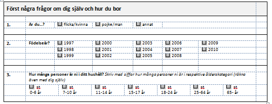 BILAGA 1: ENKÄT 2016 Enkätnummer:. Mätdag: Enkät om barn och ungas resvanor Om enkäten Enkäten består av två delar. Den första delen (s 1-4) består av allmänna frågor.