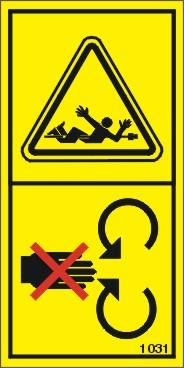 2.2 Symbolförklaring Symbolen till höger visar följande: Varning! Studera instruktionsboken noga innan användning, så att brukaren känner maskinen väl. Varning! För inte in armar eller ben i närheten av maskinens rörliga delar.