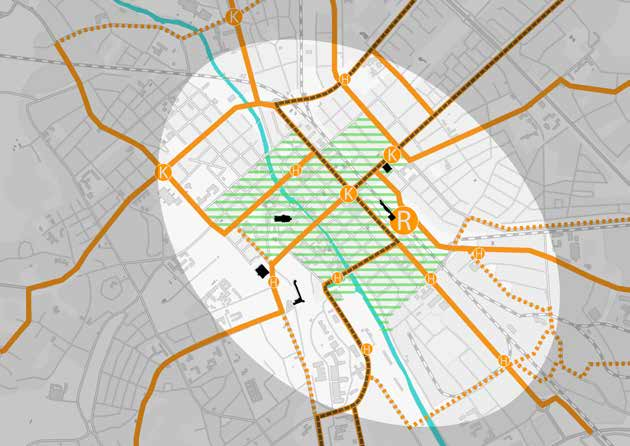 Gåprioritet Resecentrum Knutpunkt Viktig hållplats Kapacitetsstark kollektivtrafik Stomlinje Kompletteringslinje Genom att leda kollektivtrafiken förbi universitetet och vidare längs Kyrkogårdsgatan