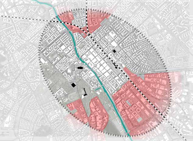 Karta som visar områden där det finns plats för att skapa nya stadskvarter som kopplar till stadskärnan.