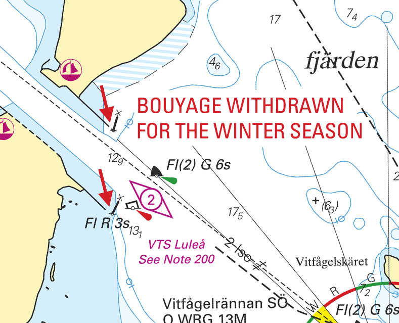 3 Nr 426 UNDERRÄTTELSER / NOTICES Bottenviken / Bay of Bothnia * 8280 (T) Sjökort/Chart: 4101, 414 Sverige. Bottenviken. Luleå. Brändöfjärden. Klubbnäset. Indragning av utprickning inför vintern.