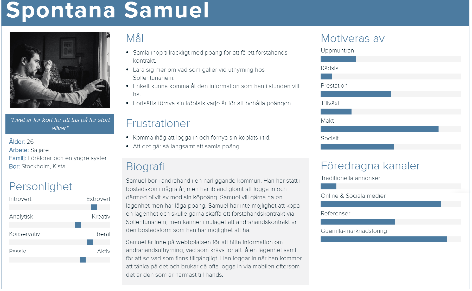 Personas Utifrån mina erfarenheter och kvalitativa gissningar tog jag fram tre stycken personas. Jag skapade dem en i taget för att försöka hålla fokus på att utveckla dem lite mer på djupet.
