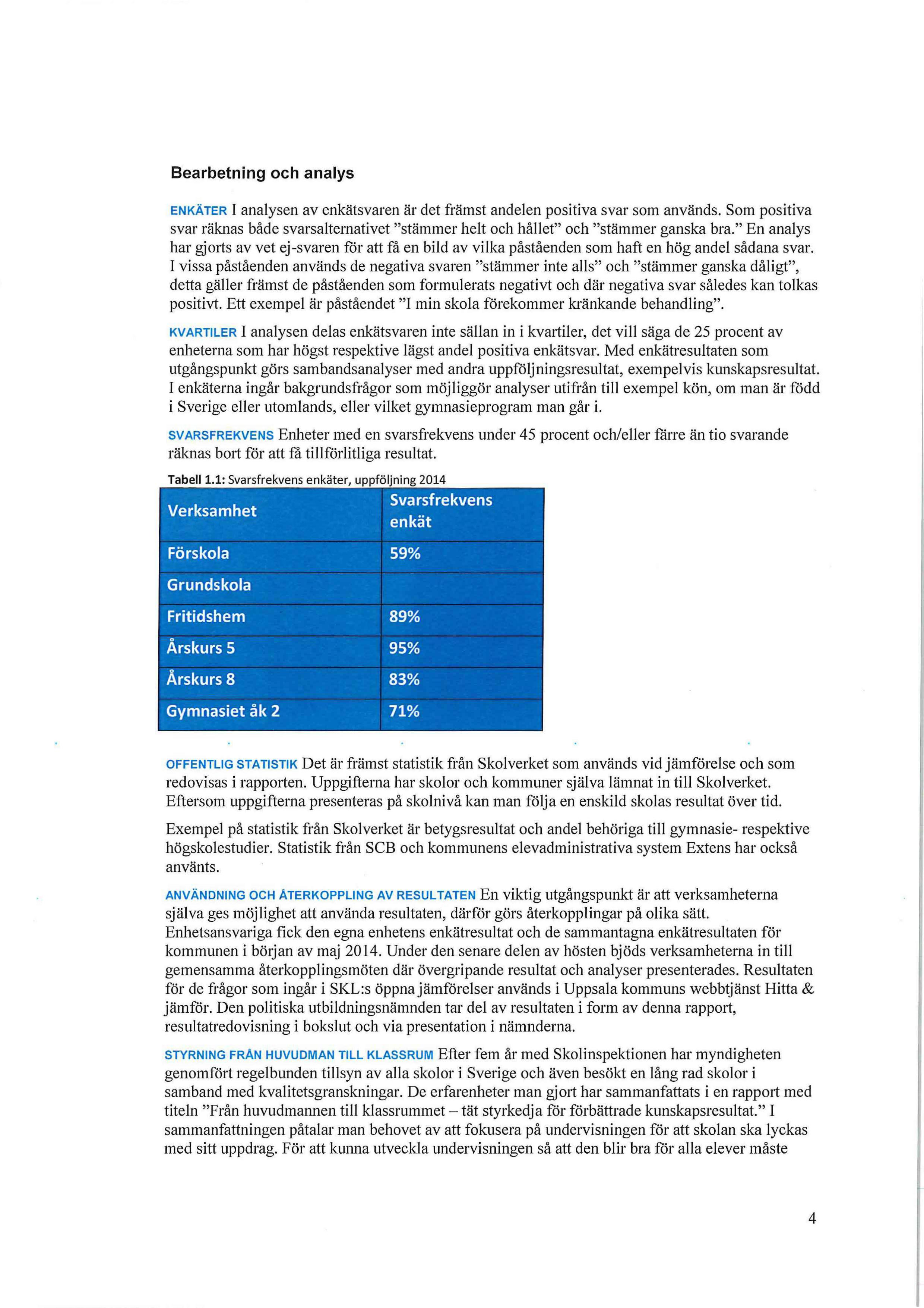 Bearbetning och analys ENKÄTER I analysen av enkätsvaren är det främst andelen positiva svar som används.