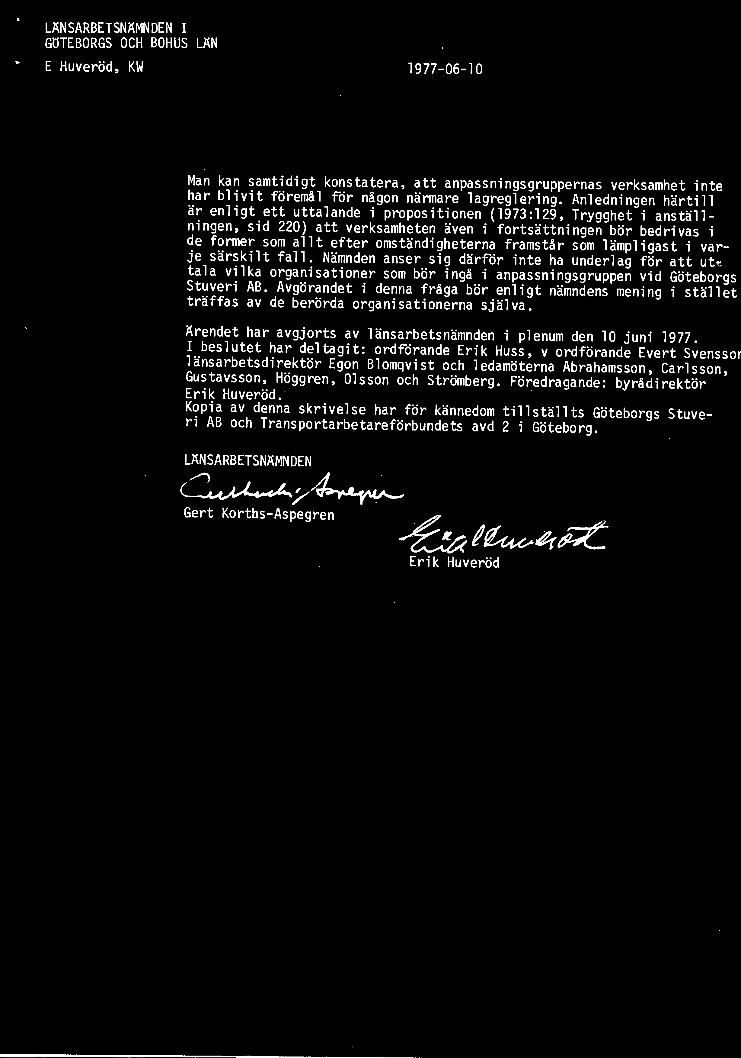 LÄNSARBETSNÄMNDEN I GöTEBORGS OCH BOHUS LÄN E Huveröd, KW 1977-06-10 Man kan samtidigt konstatera, att anpassningsgruppernas verksamhet inte har blivit föremål för någon närmare lagreglering.