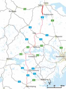 2.2 Bakgrund Väg 56 Räta linjen, sträcker sig mellan Norrköping och Gävle och är av regeringen utsedd till nationell stamväg, se Figur 2.2. Stamvägnätet omfattas av sådana vägar som fyller en utpräglad mångsidig funktion för landets ekonomi och välfärd.