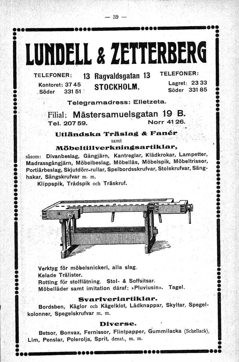 - 39- l LUftDELL & ZETTERBERG :.~ TELEFONER: 13 Ragvaldsgatan 13 STOCKHOLM Kontoret: 3745.Söder 331 51.. Telegramadress: Elletzeta. TELEFONER:.filial: Mästersamuelsgatan t9 B. Tel~ 20759... Norr 41 26.