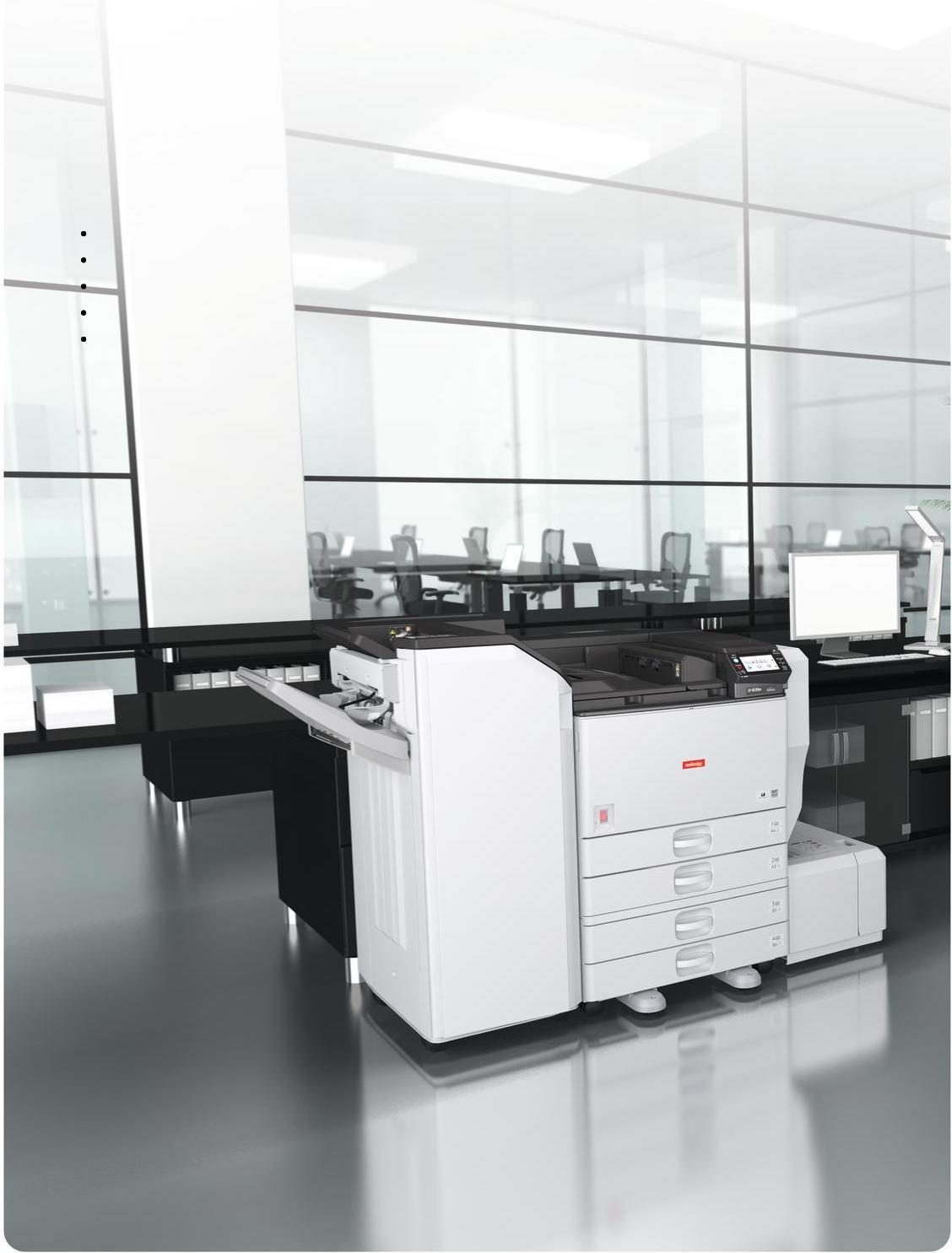 Högpresterande pålitlig laserskrivare för svartvitt Laserskrivaren SP 8300DN kombinerar hastighet, mångsidighet och pålitlighet.