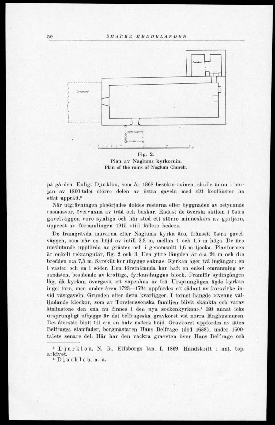 50 S.U 1 H It E M E D II E I. A N DEN Fig. 2. Plan av Naglums kyrkoruin. Plan of the ruins of Naghini Church. på gården.