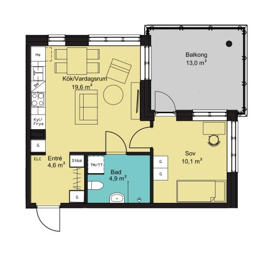 Exempel 2 rum & kök, 57 m² Exempel 2 rum & kokvrå, 40 m² Lägenheterna är välplanerade med stora inglasade balkonger såväl i de mindre som i de större lägenheterna.
