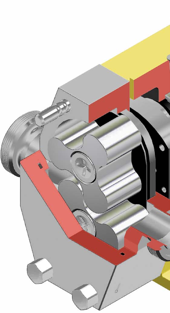 Egenskaper och fördelar Traditionell trelobsrotor Evolventsplines, exakt och säkert förband, en spline utelämnad, montering endast möjlig i rätt läge Avtätad med O-ringar Pumpens enda shims Mycket