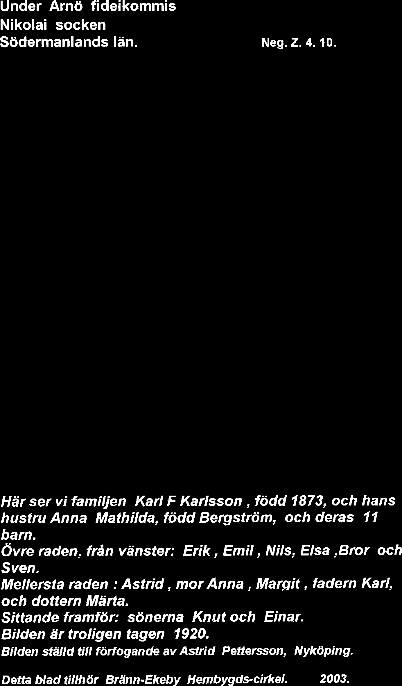 l:+msäter Under Arnö fideikommis Södermanlands län. Neg. Z. 4. 10. Här ser vi familjen Karl F Karlsson, född 1873, och hans hustru Anna Mathilda, tödd Bergström, och deras 11 barn.