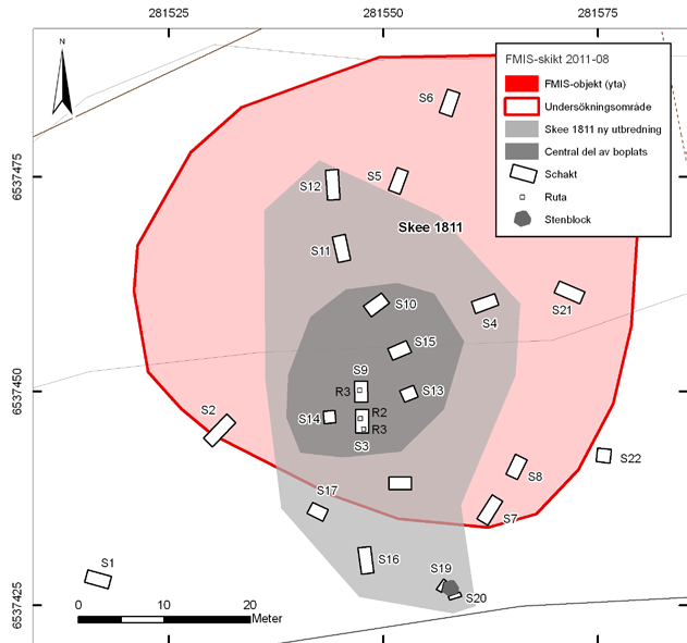 Offer och neolitiska lämningar vid Starekilen 11 Figur 5. Plan över Skee 1811 som visar boplatsens nya utbredning, boplatsen centrala delar samt grävda schakt och provgropar. Skala 1:500.