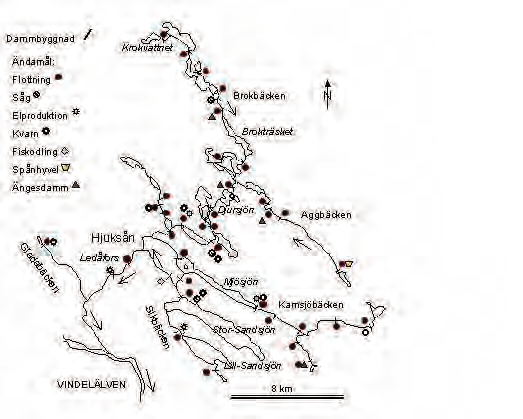 FIGUR 2. Hjuksåsystemet, Vindelälven. Exempel på dammanläggningar i det kulturhistoriska skogslandskapet och användandet av vattendragen som transportleder och kraftkällor.