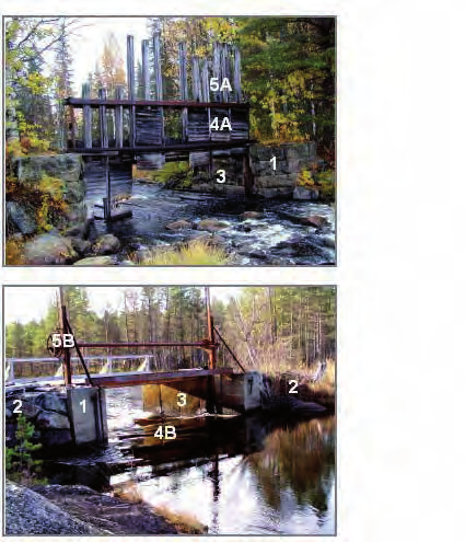 BILD 6. Översiktlig bild av en dammanläggnings uppbyggnad och olika delar, luckdamm (övre bild) respektive bjälksättsdamm (nedre).
