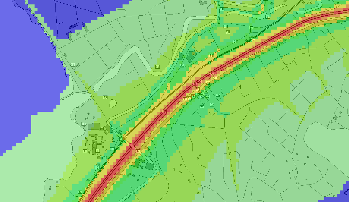 Figur 11. 98-percentilen av dygnsmedelvärdet av kvävedioxid i nuläget, men med en ny trafikplats. Figur 12.