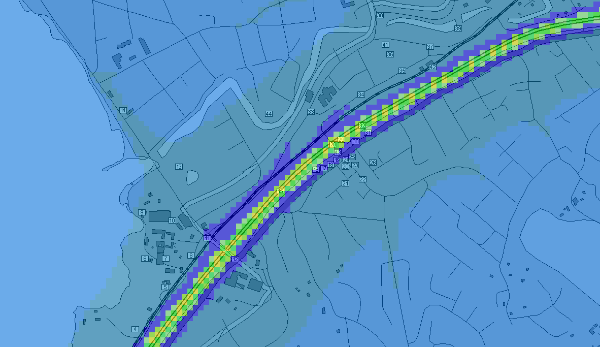 NULÄGE Figur 32. Årsmedelvärdet av kvävedioxid i dagsläget med 90 km/h på E 20.