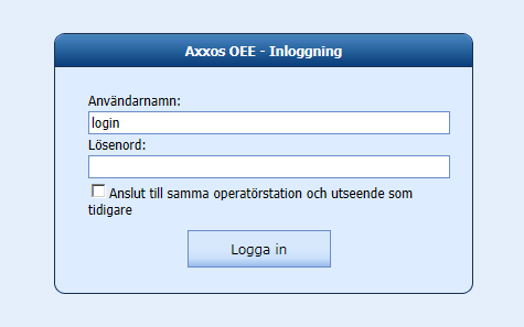 Introduktion Detta kapitel beskriver operatörens handhavande av Axxos OEE: Inloggning Fabriksöversikt Stopptidshantering Orderhantering Artikelhantering Kassationshantering Visa stopptid i tidsgraf