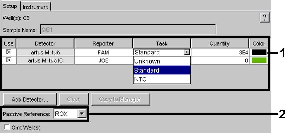 Fig. 19: Val av detektorer (Detector Manager). 8.5.3.3 Tilldelning av nödvändig information till plattpositioner När du stängt Detector Manager (Done) hittar du de detektorer som du valt under 8.5.3.2 i tabellform på Setup-planet (Well Inspector) (se Fig.
