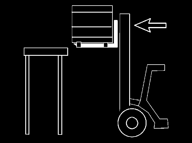 Sätta ner lasten Kör fram trucken försiktigt till hyllan. Ställ färdriktningsomkopplaren (29) i neutralläge. Lyft gaffelarmarna till rätt höjd i förhållande till hyllavsatsen.