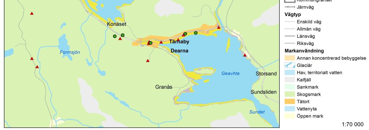 Figur 27. Stränder längs Umeälven som översvämmas vid områdena kring Tärnaby (MSB).