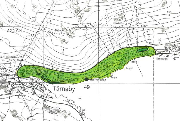 Figur 29. Undersökningsområde i Tärnaby med avseende på översiktlig stabilitetskartering (Räddningsverket 1998). Hemavan ligger längs Umeälven vid Ahasjön.