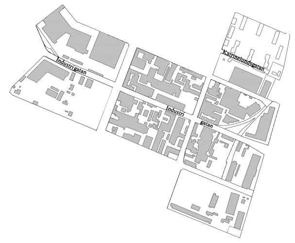Figur 3. Utredningsområdet på Anders Nilssons förslag till stadsplan från 1903. En del industrier har etablerats, men i kvarteret Spårvägen planeras för bostadsbebyggelse. Figur 4.