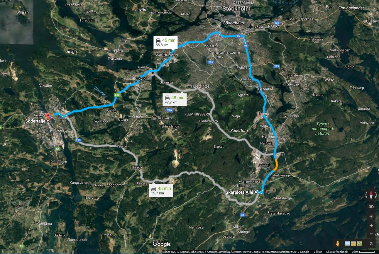 Google maps förslag till resa mellan Södertälje och tomten Ögonblicksbild tagen på förmiddagen innan