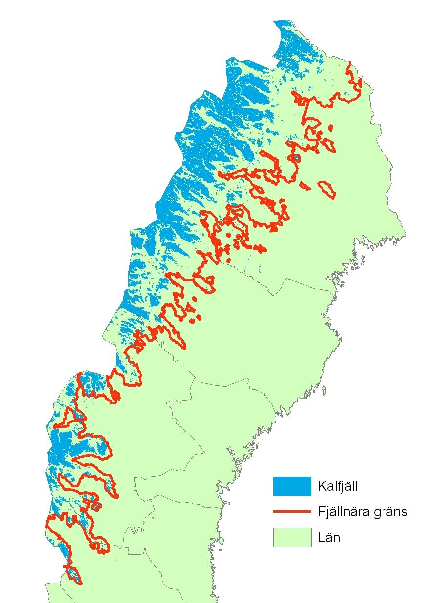 huvudsak sammanhängande skogsbälte längs fjällkedjan från Dalarnas län till och med Norrbottens län.