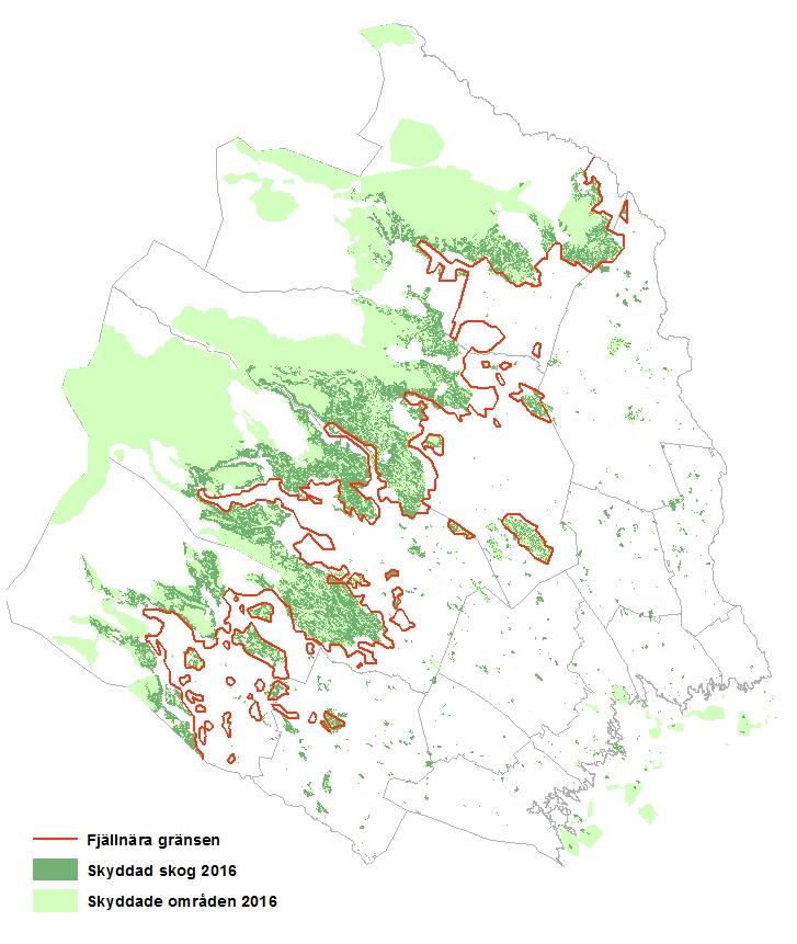 Figur 2. Karta som visar skog enligt vägkartan i formellt skyddade områden i länet 2016-01-01. Källa: Länsstyrelsen i Norrbottens län och Lantmäteriets vägkarta.