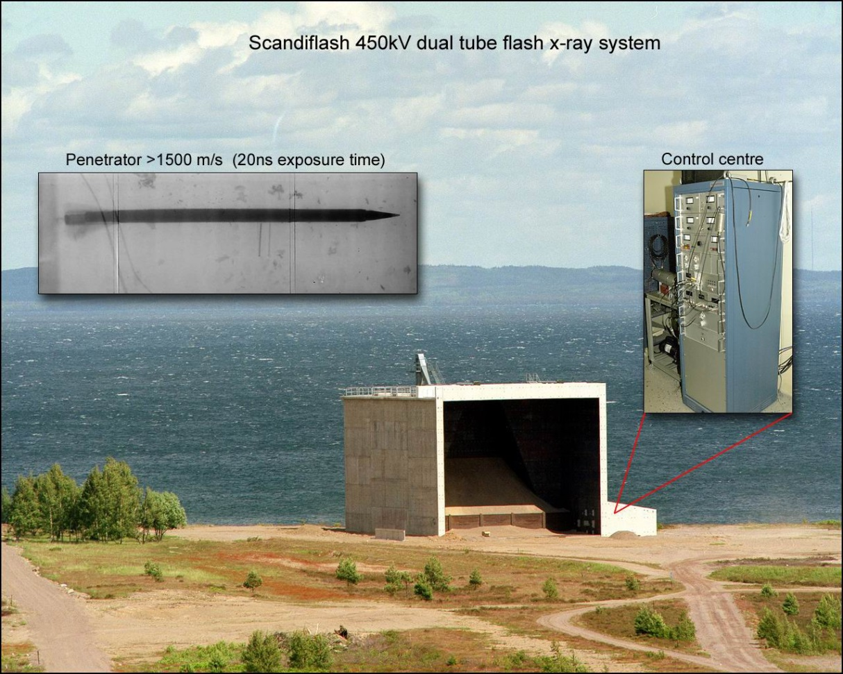 T&E Mark Röntgenblixtanläggning, teknisk info Scandiflash Dubbla 450kV pulsgeneratorer Slutartid = 20 ns möjliggör bilder på extremt snabba förlopp