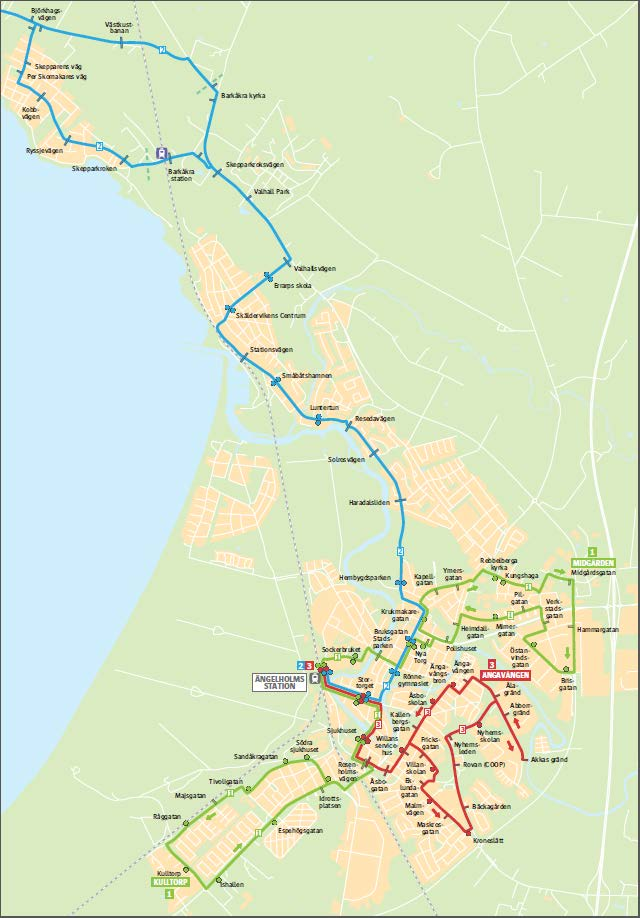 Linjenät i Ängelholm Kopplingar till tåg resor från tätorten till och från Öresundståg (Ängelholm C) och Pågatåg (Ängelholm C och