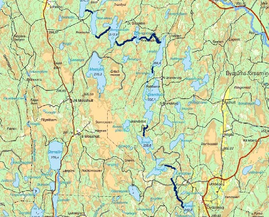 Österån övre Storåns ARO Vattendragssträckan Österån (övre) rinner från Långvattnet och genom ett stort antal sjöar ner till Ryasjön där den mynnar.