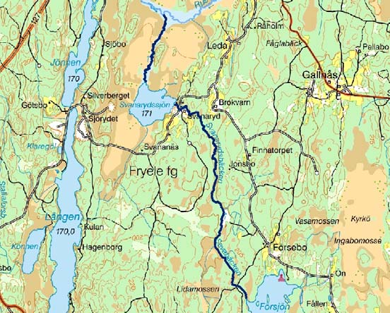 Svanarydsbäcken Lagan övre ARO Vattendragssträckan Svanarydsbäcken ligger i sin helhet inom Värnamo kommun och rinner från Försjön genom Svanarydssjön och mynnar i Ruskån.