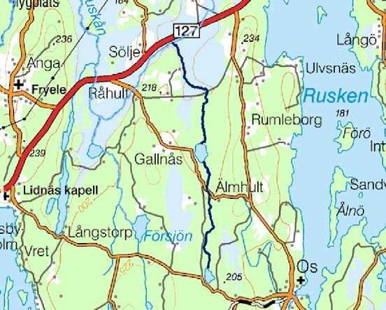 Skärsjöbäcken Lagan övre ARO Vattendragssträckan Skärsjöbäcken rinner från Havrafällesjön, genom Skärsjön och ut i Ruskån i den sydöstra kanten på Dala mosse.
