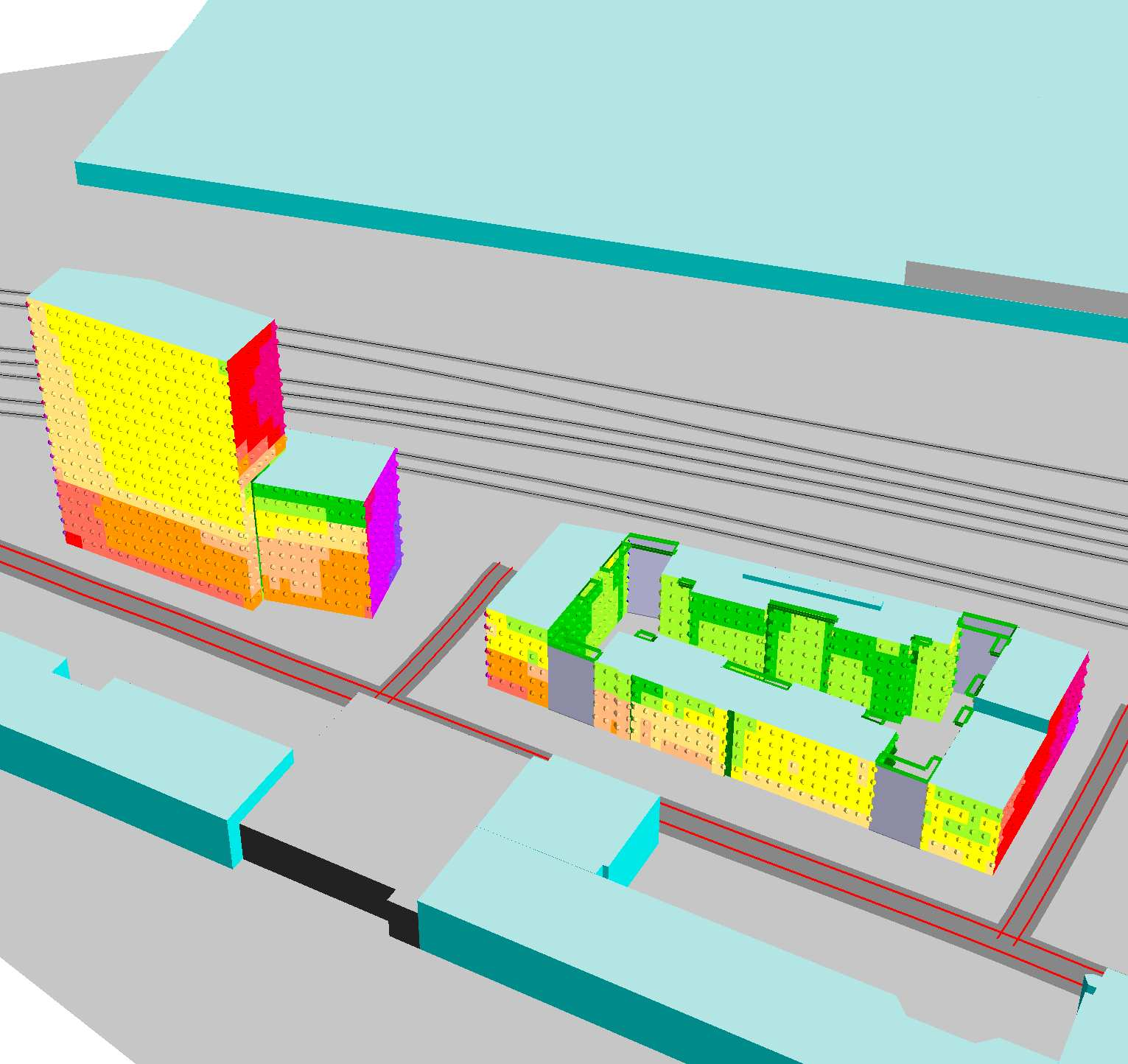 Älvsjö centrum, Stockholm Unr: 61291149071 Med planerad bebyggelse Buller från väg- och järnvägstrafik Ekvivalent nivå vid fasad Med balkongtak Karta 01a 3D Indata: Tågtrafik enligt prognos från