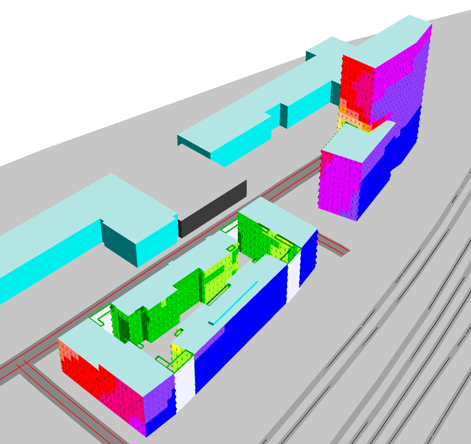 Älvsjö centrum, Stockholm Unr: 61291149071 Med planerad bebyggelse Buller från väg- och järnvägstrafik Ekvivalent nivå vid fasad Med balkongtak Karta 01b 3D Indata: Tågtrafik enligt prognos från