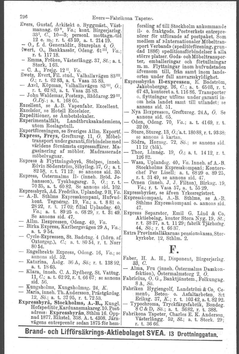 296 EversFabrikona Tapeter. Evers, Gustaf, Arkitekt o. Byggmäst., Väst forsling af till Stockholm ankommande mannag. 69 v, Va.; kont. Birgerjarlsg. il o. fraktgods. Postverkets entrepre 33!, C.