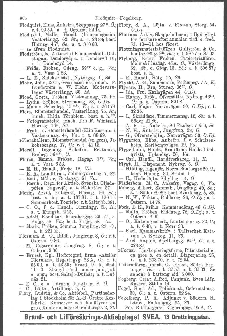 306 FlodquistFogelberg. Flodquist, Elma,.Ä.nkef~u,Skeppareg.27II, O.; Flory..S. A., Löjtn. v. Flottan, Storg. 54, r. t. 9959, a. t. Osterm. 22 14. O.Dj. Flodqvist, Malle, Handl.