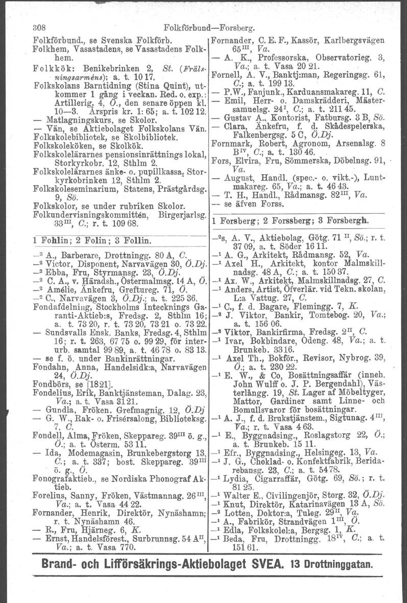 308 Folld"örbund Forsberg. Folkförbund., se Svenska Folkförb. Fornander, C. E. F., Kassör, Karlbergsvägen Folkhem, Vasastadens, se Vasastadens Folk 65 III, Va. hem. A. K., Professorska. Observatorieg.