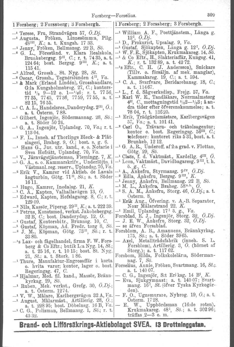 ForsbergForselius. 309 1 Forsberg; 2 Forssberg; ih'orsbergh. 1 Forsberg; 2 Forssbergj 3 Forsbergb. ' Terese, Fru, Strandvägen 57, O.Dj. ' William A. F., Posttjänstem., Långa g.
