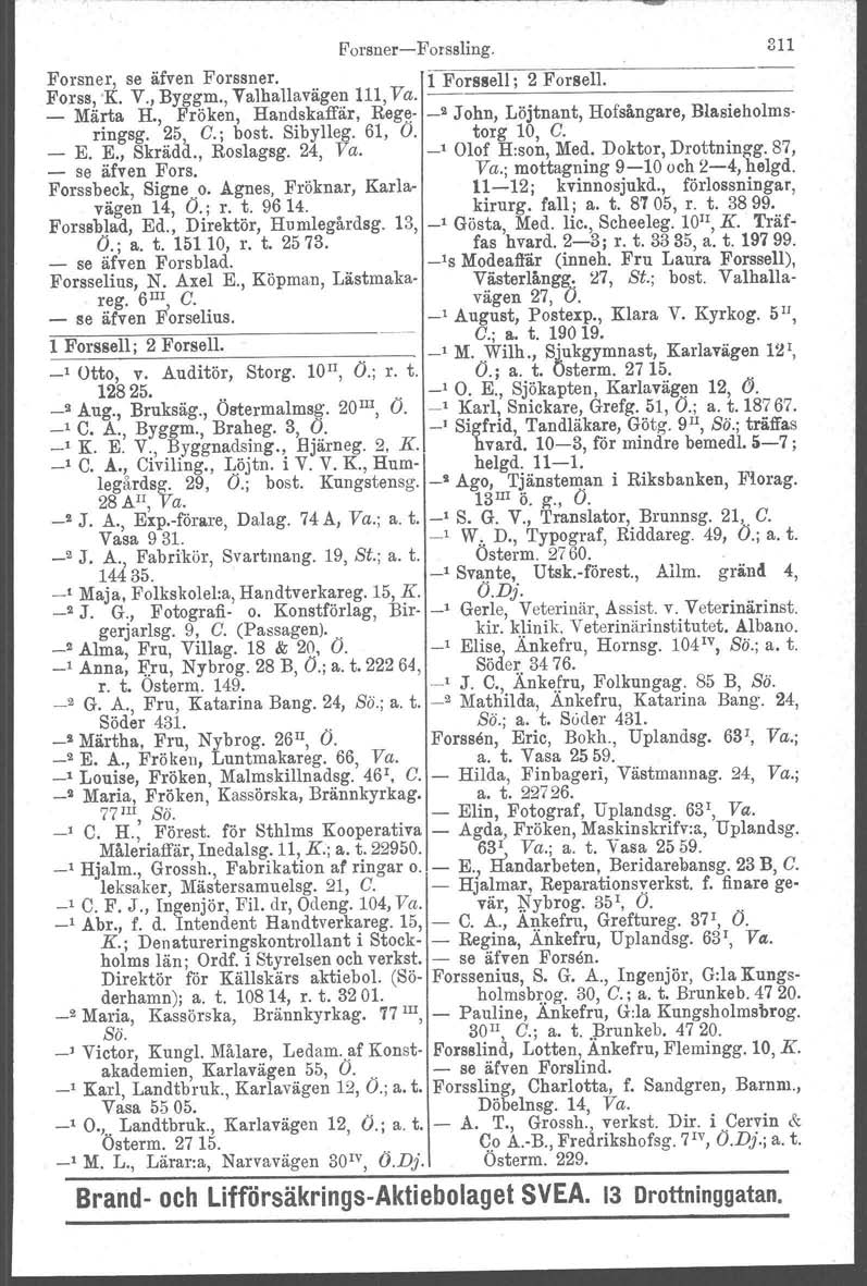 ForsnerForssling. 311 Forsner, se äfven Forssner. 1 Forssell; 2 Forsell. Forss, K. V., Byggm., Valhallavägen 111, Va. _ Märla H.
