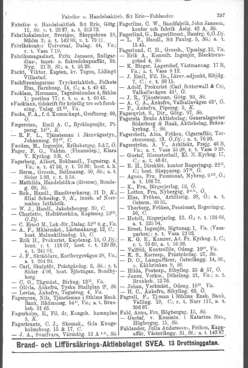 Fabriks o. Handelsaktieb. S:t EricE'ahlander. 297 Fabriks o. Handelsaktieb. Sit Eric, Götg. Fagerlins, C. W., Bandfabrik. J ohn Jansson, 11, ss. r. t. 2327, a. t. 31372. kontor och fabrik.asög.