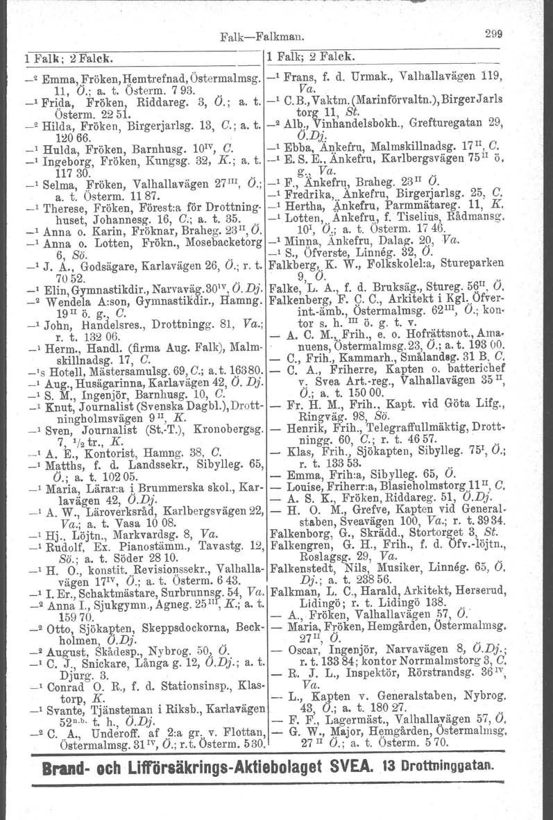 1 Palk; 2 Falck. FalkFalkman. 1 Falk; 2 Falck. _2 Emma, Fröken,}!emtrefnad,Östermalmsg. _1 Frans, f. d. Urmak., Valhallavägen 119, 11, O.; a. t. Ostorm. 793. Va. _1 Prida, Fröken, Riddareg. 3, O.; a. t. _1 C.