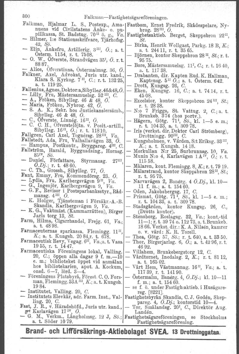 300 Falkrnan Fastighetsägareföreningen. Falkman, Hjalmar L. S., Postexp., Ama Fastbom, Ernst Fredrik, Skådespelare, Nynuens vid Civilstatens Änke o. pu brog, 2811I,O. pillkassa, St. Badstug. 70 11 ö.