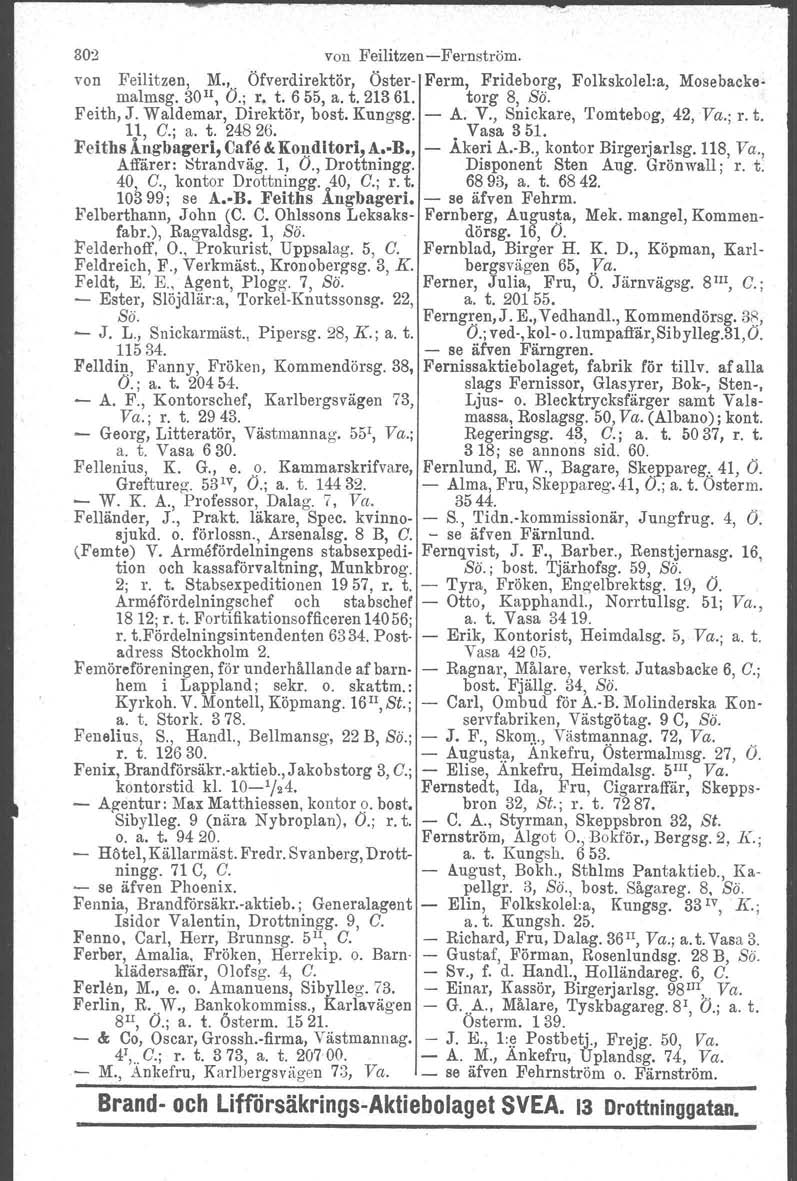 80:3 von FeilitzenFernström. von Feilitzen, M.,. Öfverdirektör, Öster Ferm, Frideborg, Folkskolel:a, Mosabackemalmsg. 30 H, Ö.; r. t. 655, a. t. 213 61. torg 8, Sä. Feith, J. Waldemar, Direktör, bost.