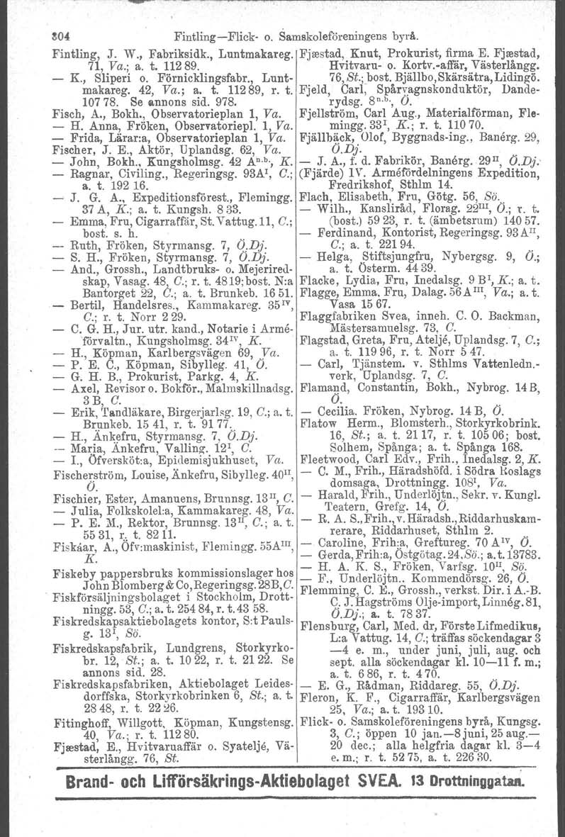 1104 Fint1ingFlick o. Samskoleföreniugens byrå. Fintling, J. W., Fabriksidk., Luntmakareg. Fjoostad, Knut, Prokurist, firma E. Fjoostad, 71, Va.; a. t. 11289. Hvitvaru o. Kortv.vaffär, Västerlångg. K., Sliperi o.