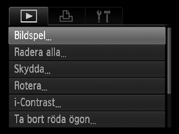 Visa bildspel Du kan automatiskt visa bilder som har lagrats på ett minneskort. Välj [Bildspel]. Tryck på n-knappen, välj [Bildspel] på 1-fliken och tryck sedan på m-knappen. Gör inställningen.