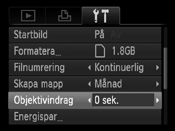 Ändra tid för objektivindrag Av säkerhetsskäl dras objektivet in ca. 1 minut efter det att du har tryckt på 1-knappen när en fotograferingsmetod används (s. 25).